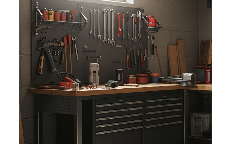 Adjustable 28–40-Inch Wood-Top Workbench in 60- or 96-Inch Widths with Pegboard, Wheels and Power Strip