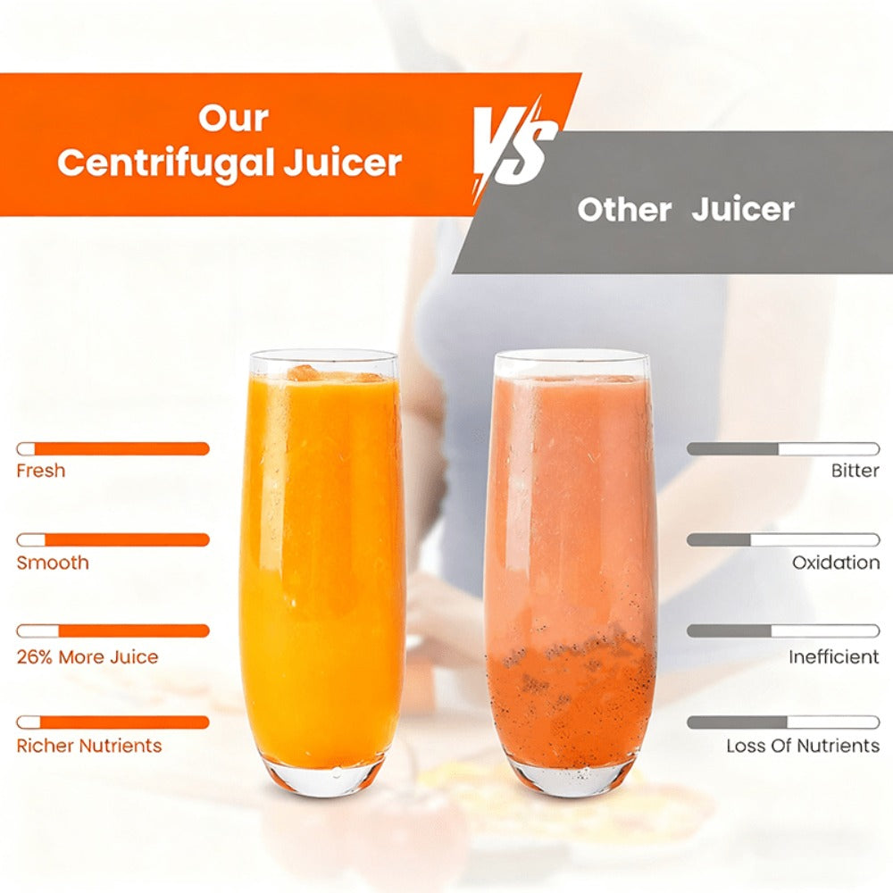 Black-and-Silver Centrifugal Juicer with Side Pulp Container, Juice Cup, 34cm Width and 33cm Height