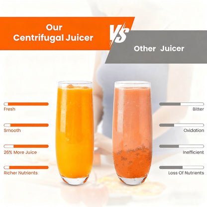 Black-and-Silver Centrifugal Juicer with Side Pulp Container, Juice Cup, 34cm Width and 33cm Height