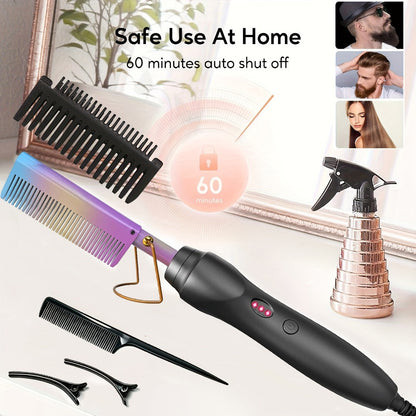 Hot Comb Hair Straightener Electric Ceramic – Portable Anti-Burn Press Comb for Natural Hair & Beard Straightening – Pink, Gold, Black, Gradient, Avocado Green