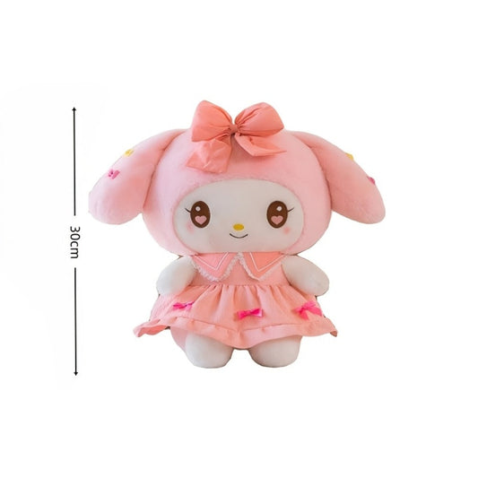 Kuromi My Melody Plush Doll Princess Dress – Soft Collectible Sanrio Stuffed Animal with Pink Bow & Ruffled Collar, Kawaii Room Decor Birthday Christmas Gift for Girls