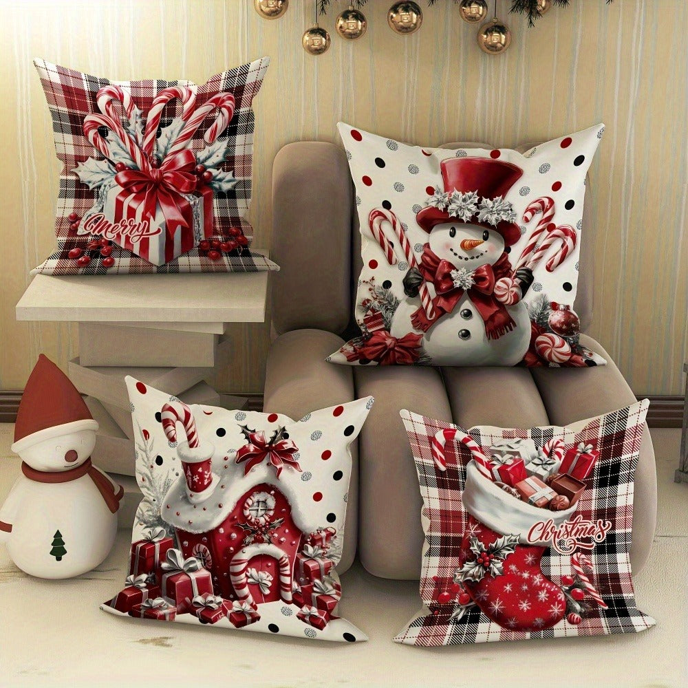 Four-Piece Christmas Pillow Cover Set, 18 x 18 Inches with Snowman, Candy Cane, Sleigh and Plaid Prints