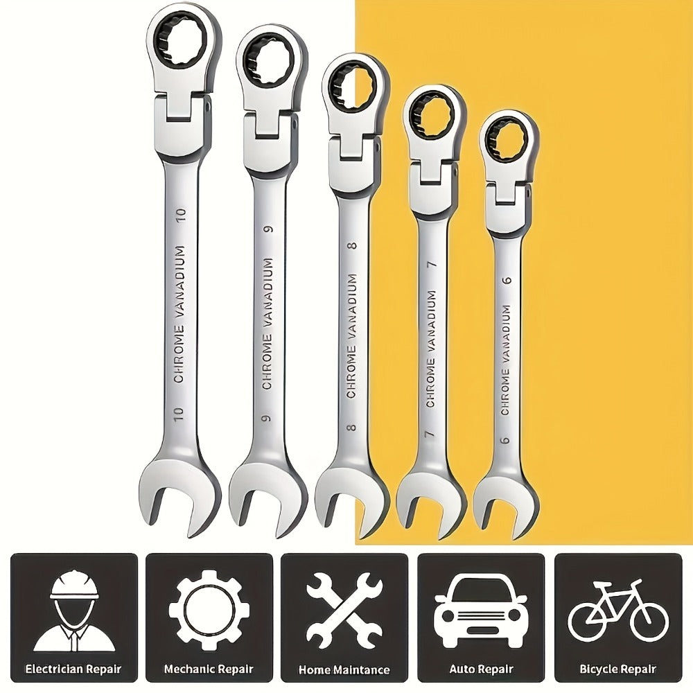 Ratchet Wrench Set 5pcs Flexible Head 6-10mm Metric Chrome Vanadium Steel 72-Tooth Combination Wrench for Home, Garage and DIY Projects