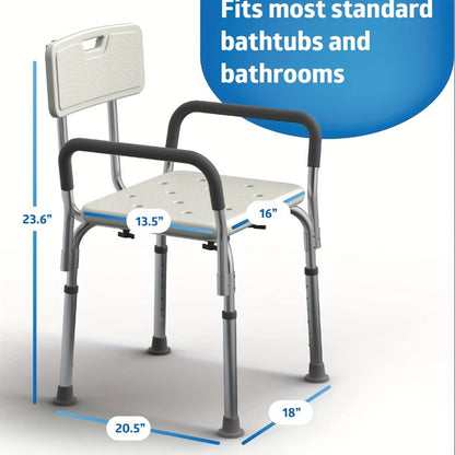 Shower Chair with Padded Armrests & Back - Heavy Duty Bath Seat 350 lb Capacity, Adjustable Height, Non-Slip Base, Lightweight Aluminum Frame for Elderly, Seniors & Disabled