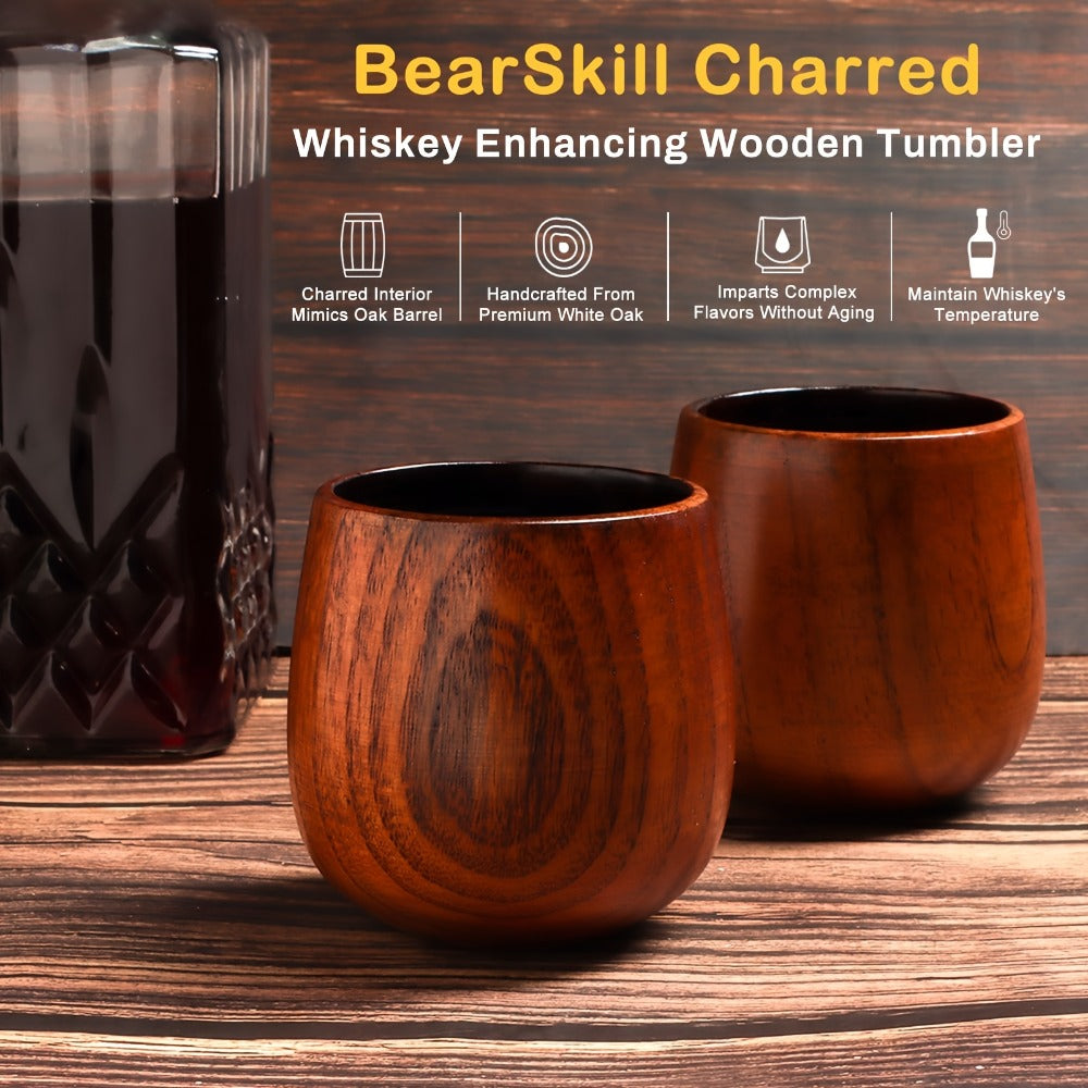 Charred Wooden Bourbon Whiskey Glass Set – 2 Jujube Wood Old Fashioned Tumbler Glasses & 8 Granite Whiskey Stones – Handcrafted Whiskey Gift for Men Dad