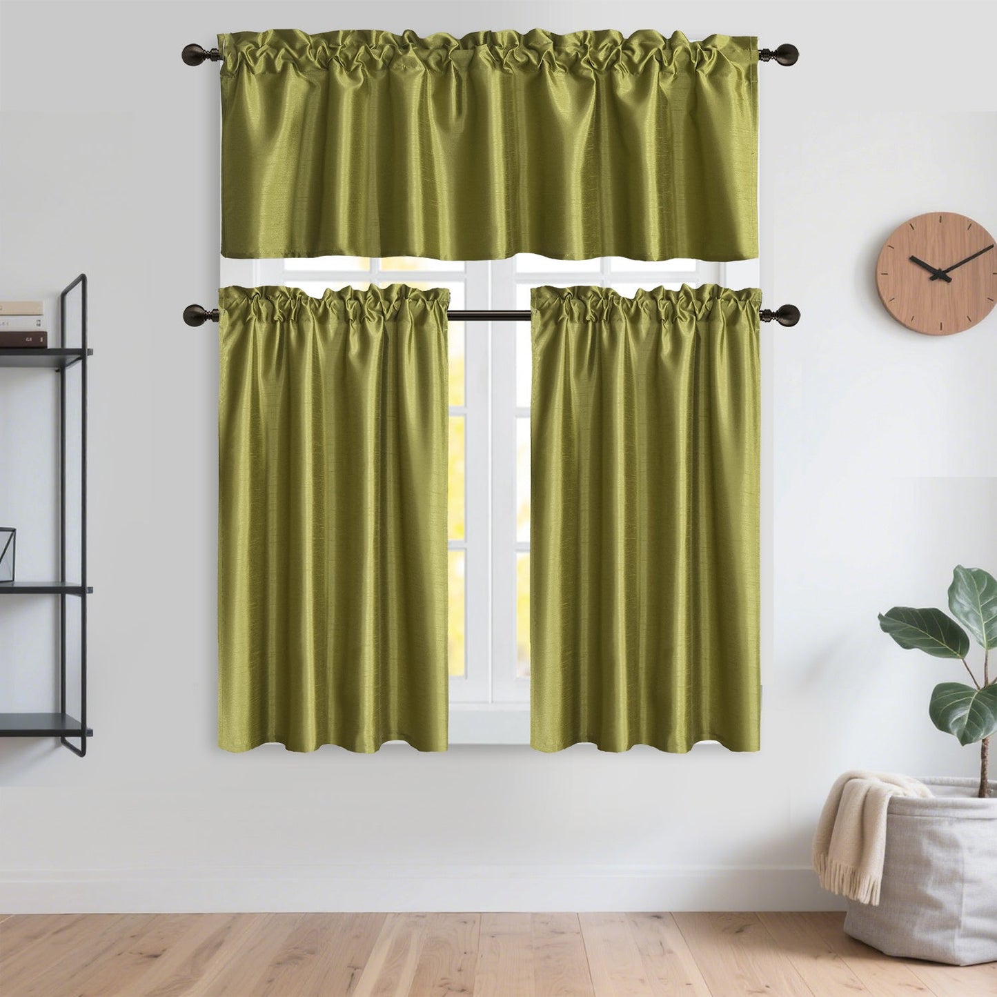 Kitchen Curtains 3 Panels Faux Silk Sheer Tier and Valance Set Rod Pocket 2 Tiers 26x36 inch + Valance 52x14 inch for Kitchen Bathroom Window Drapes