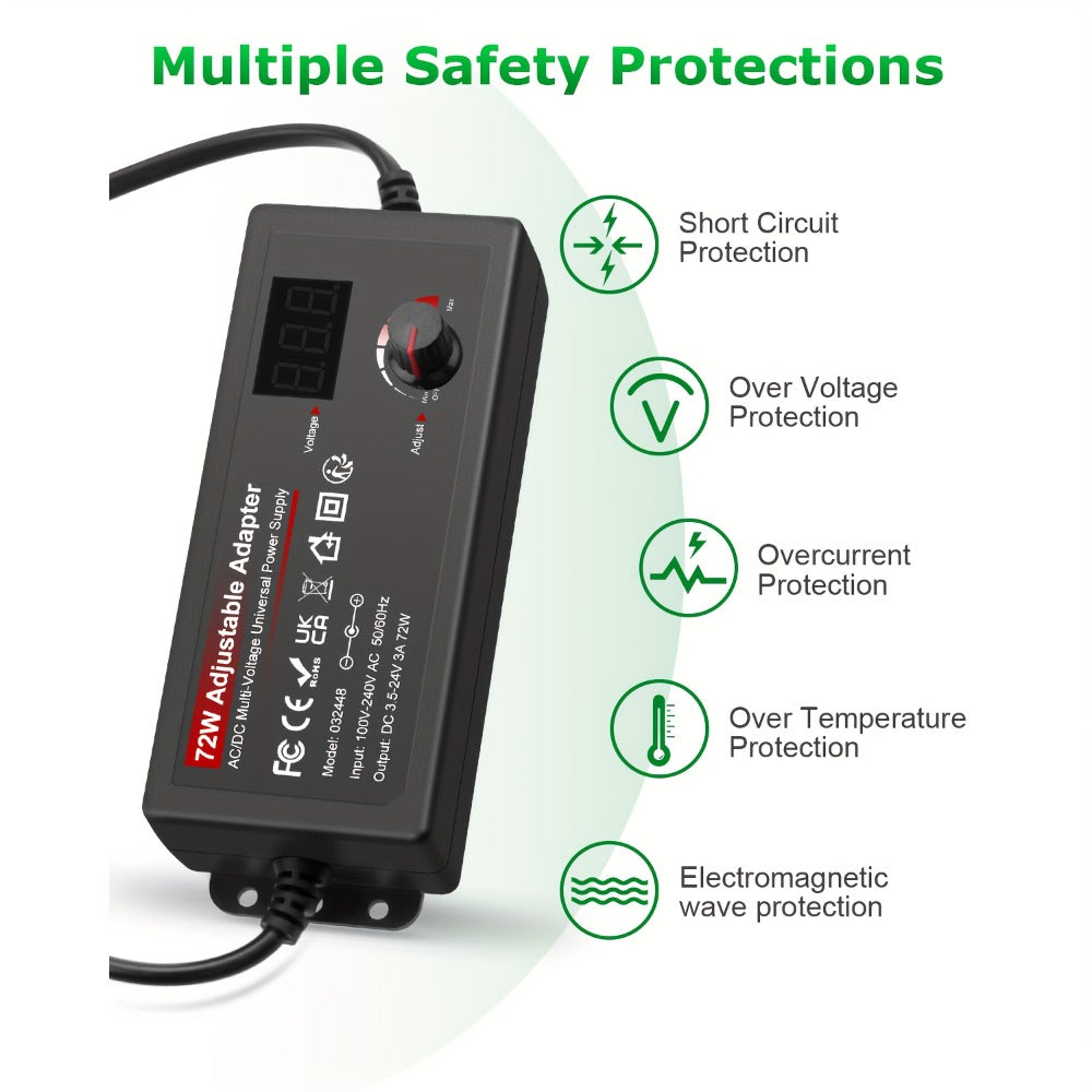 Adjustable 3–24V AC/DC Power Adapter with 72W Label, LCD Readout, Knob Control and Connector Set