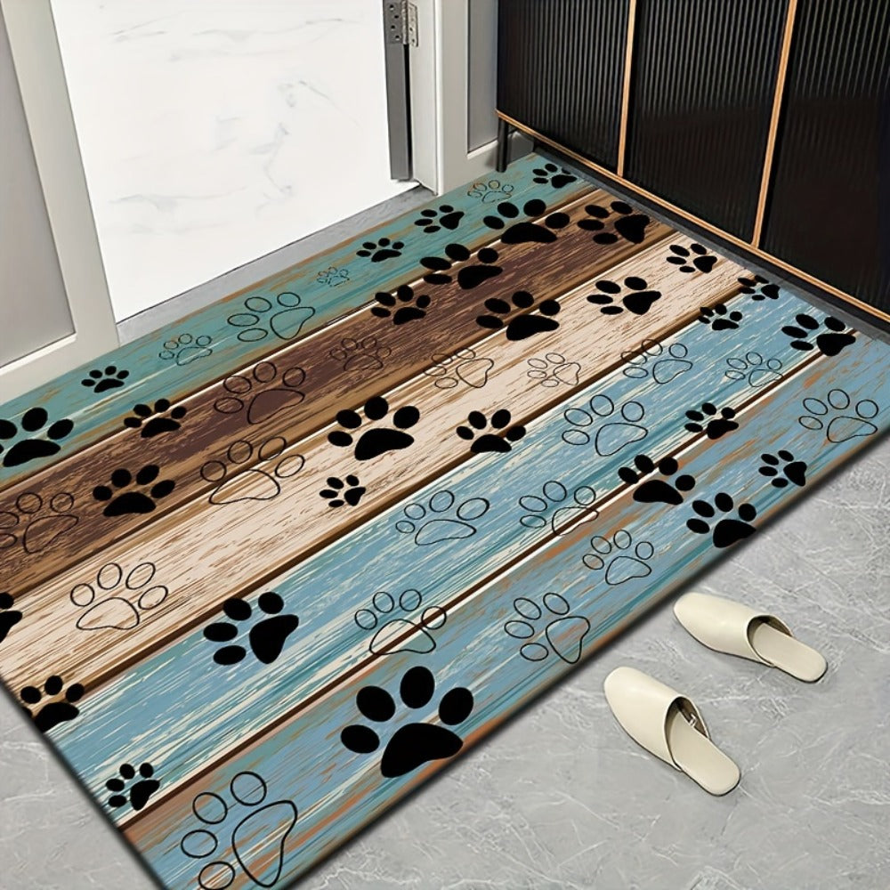 Cat Paw Print Door Mat with Blue and Brown Wood-Look Bands in Three Rectangular Entryway Sizes