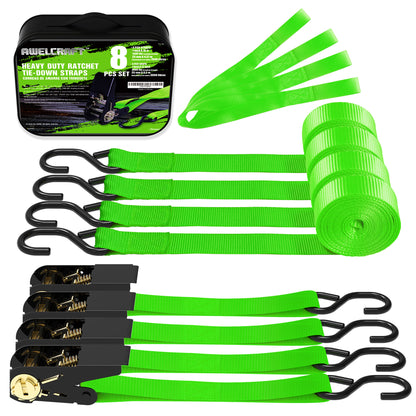 Ratchet Tie Down Straps 4-Pack 15FT 1,500 lb Break Strength Heavy Duty with Soft Loops & Storage Bag – High-Visibility Webbing for Motorcycle ATV Kayak Truck Bed Trailer Roof Rack