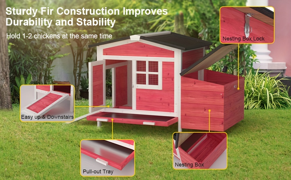 Hen House Outdoor Wooden Chicken Coop with Nesting Box Ramp Removable Tray Elevated Design Fir Wood Asphalt Roof 3 Colors Lockable Doors for Backyard Poultry