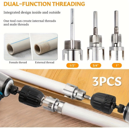 Pipe Threading Tool Set 3 Piece Heavy Duty Alloy 1/2 3/4 1 Inch Internal External Thread Tap Drill Compatible for PVC PPR MPP Pipe Installation