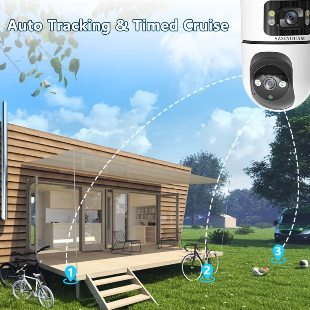 Dual Lens PTZ Outdoor Security Camera IP66 Weatherproof with Auto Tracking, Dual Screen, Night Vision, 2-Way Audio, Motion Detection & 2.4G WiFi – Wireless IP Cam for Home & Street Surveillance