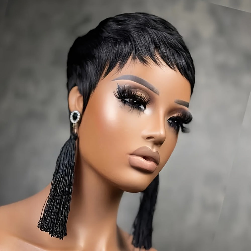 Pixie Cut Wig Human Hair Glueless 150% Density Short Straight Layered Bob Rose Net Cap | Wear and Go Natural Black Women Daily Special Occasions