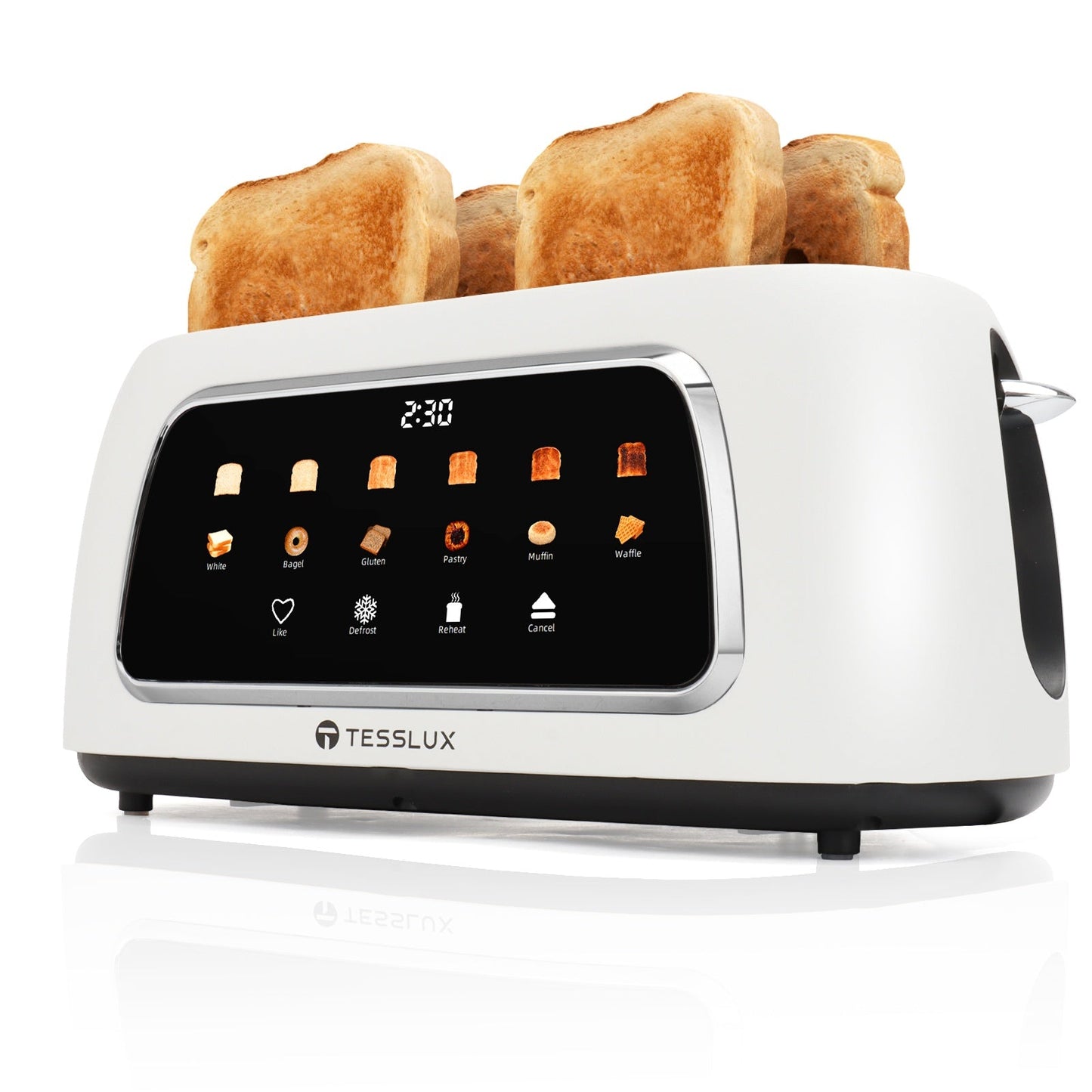 Four-Slice Long-Slot Toaster with Touchscreen, Six Browning Levels, Digital Timer and White or Black Finish