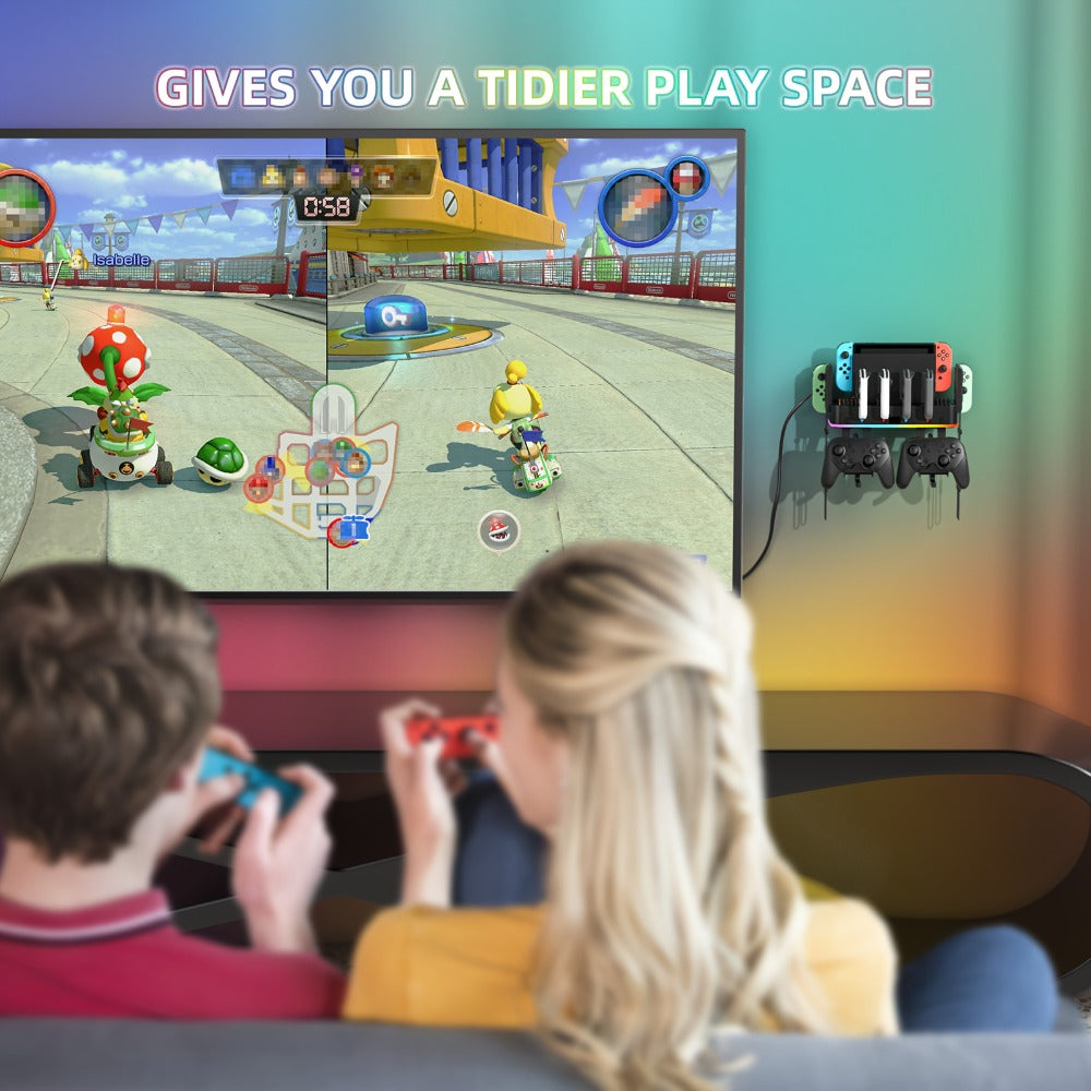 RGB Wall-Mount Organizer Compatible with Switch and OLED, Four Controller Bays, Ten Card Slots and Dual USB Ports