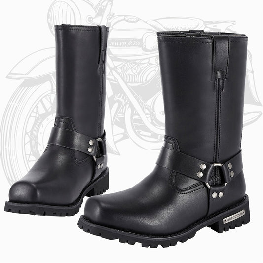 Men's Motorcycle Boots 11" Harness – PU Leather Non-Slip Square Toe Mid-Calf Biker Boots, Abrasion Resistant All-Season Riding Boots, Sizes US 8 to US 14, Black