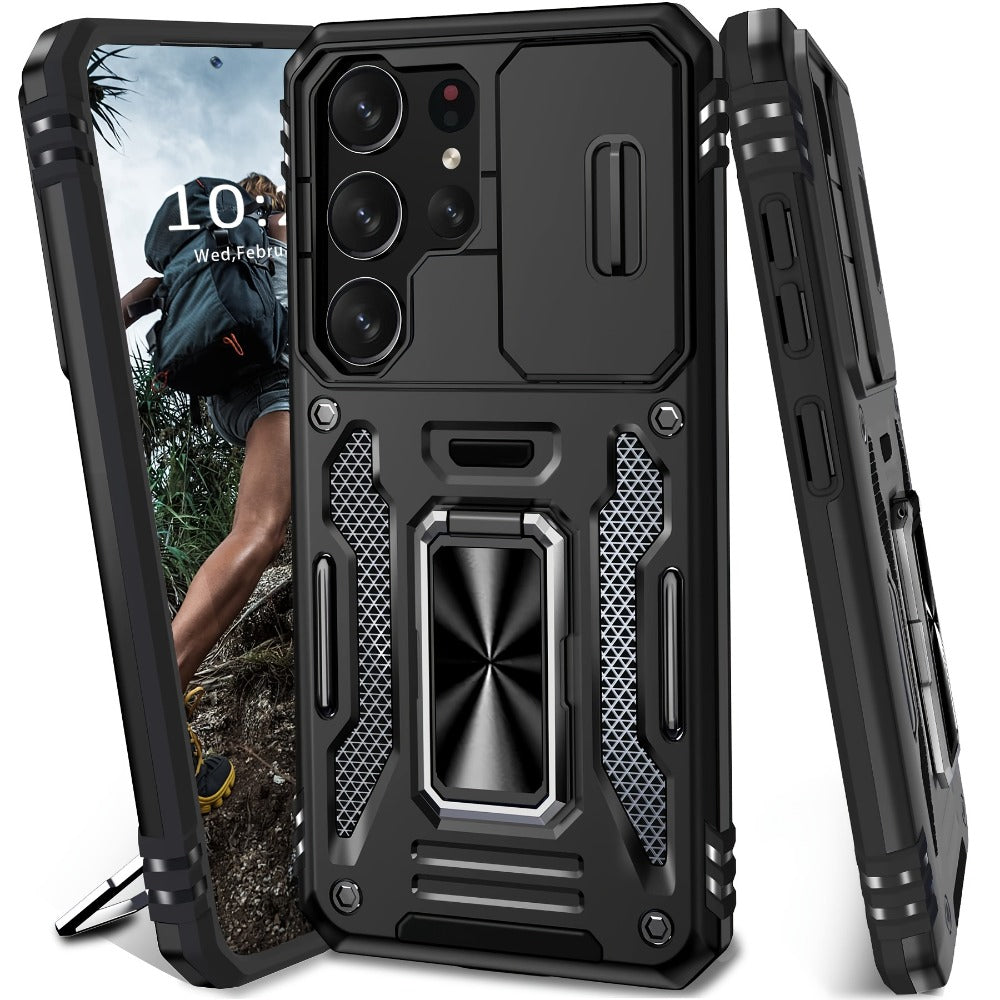 Samsung Galaxy Shockproof Magnetic Phone Case with 360° Rotating Ring Bracket & Sliding Lens Protector – Heavy Duty Cover for S24FE S23FE S22 S21FE Ultra A55 A54 A35 A34 A25 A24 A16 A15 A14 A06 A05 A05S 5G