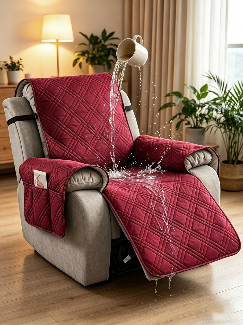 Chair Cover Quilted Recliner Throw with Side Pocket, Elastic Straps and Buckle in Ten Colors