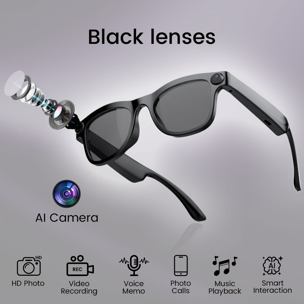 Smart Glasses 2MP Camera Eyewear with 100+ Language Translation, Bluetooth Calls and Black or Clear Lenses