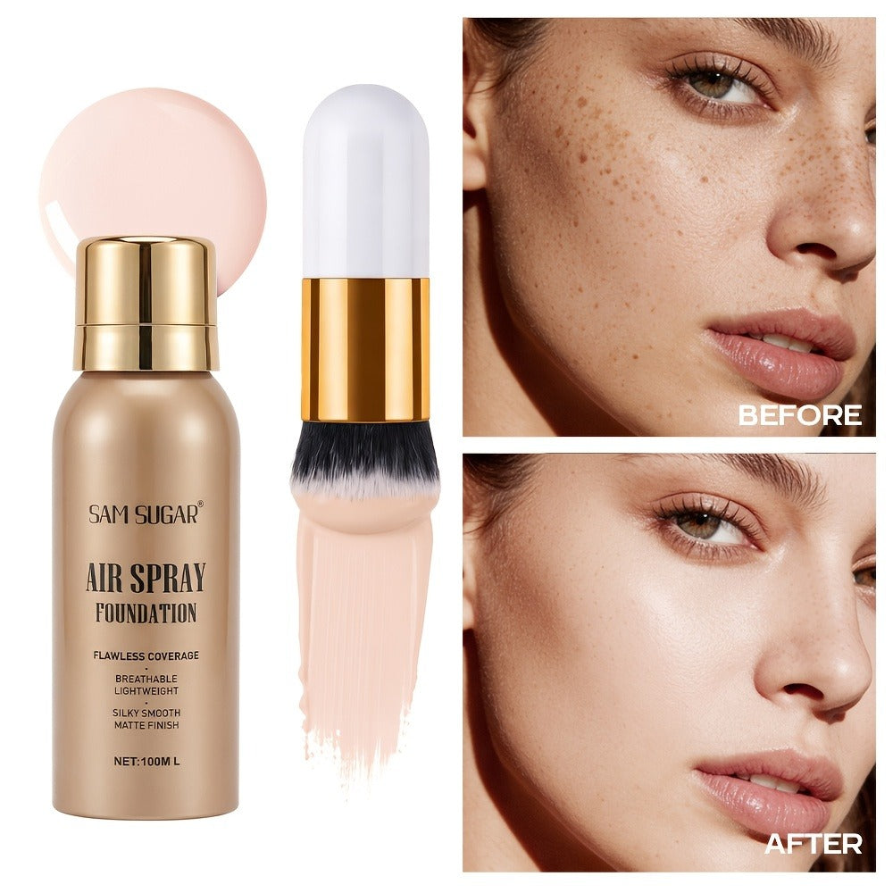 Spray-Format Face Foundation with Brush in Three Exact Numbered Checkout Shade Options for Face Makeup