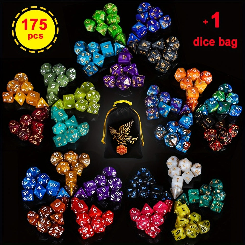 175-Piece Multicolor Polyhedral Dice Collection with 25 Seven-Die Sets and Printed Drawstring Pouch