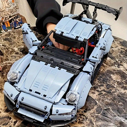 Misty Blue Lowrider Sports Car Building Block Model with 2,100 Pieces, Two Checkout Sets and Display Stand