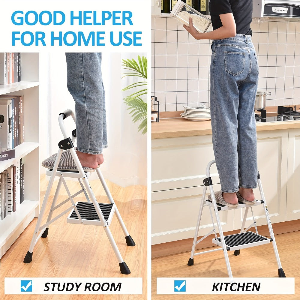 Two-Step Folding Step Ladder in White or Red with Wide Tread Platforms and Curved Safety Handle