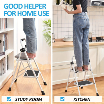 Two-Step Folding Step Ladder in White or Red with Wide Tread Platforms and Curved Safety Handle
