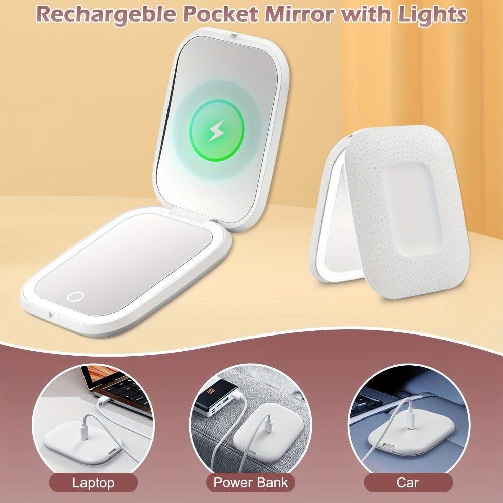 USB-Rechargeable LED Compact Mirror with 1X and 10X Sides, Three Light Colors and Pink or White Cases