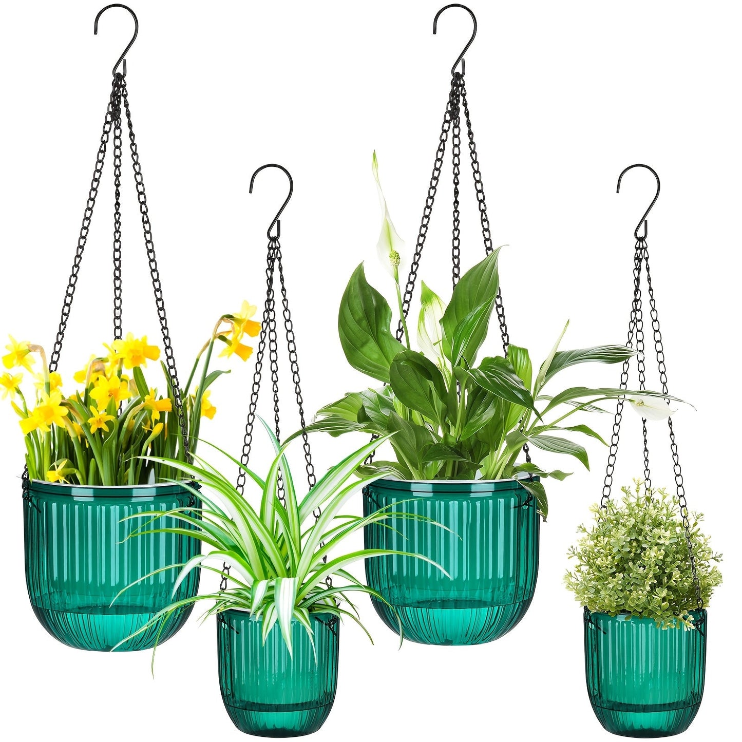 Four-Piece Self-Watering Hanging Planter Set with 6.5- and 4.5-Inch Pots, Hooks and Drainage Openings