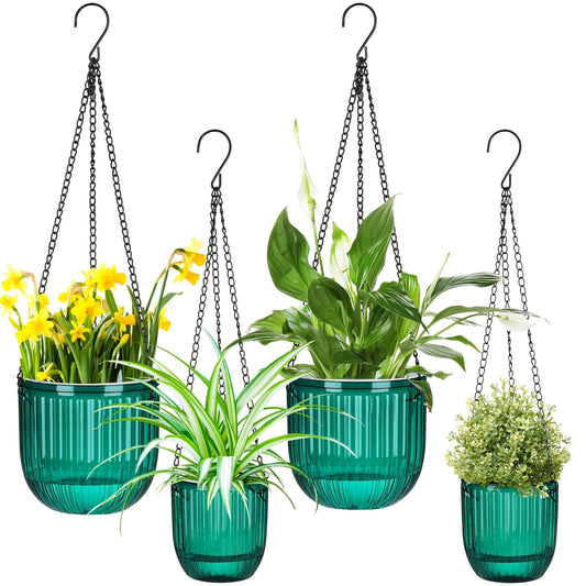 Self Watering Hanging Planters Set of 4 – 6.5" & 4.5" Hanging Flower Pots with 3 Hooks & Drainage Holes for Indoor Outdoor Home Garden