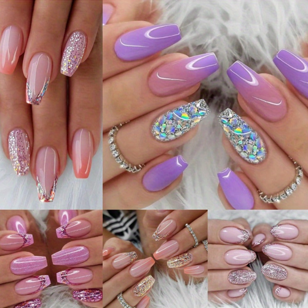 Glitter Sequin Press On Nails 120pcs Coffin Medium Length 5 Packs – Sparkling Pinkish Purple Glossy Full Cover False Nails | Glamorous Nail Art Kit for Women | Party Wedding Bridal Manicure Set