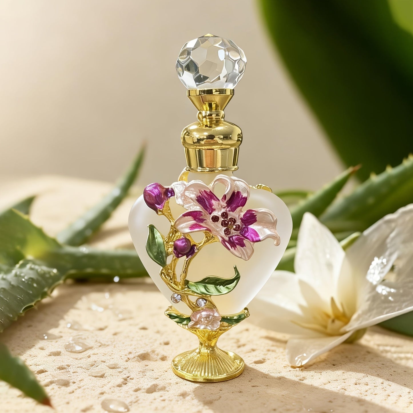 Refillable 10 ml Decorative Glass Perfume Bottles with Floral Inlay and Eight Color or Shape Options
