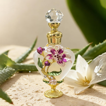 Refillable 10 ml Decorative Glass Perfume Bottles with Floral Inlay and Eight Color or Shape Options