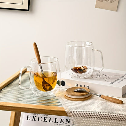 Four-Piece Double-Wall Glass Coffee Cup Set with 350 ml Capacity, Wooden-Style Lids and Spoons
