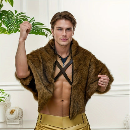 Brown Faux-Fur Costume Shoulder Mantle with Crossed Chest Straps and Pictured 35.4-Inch Width