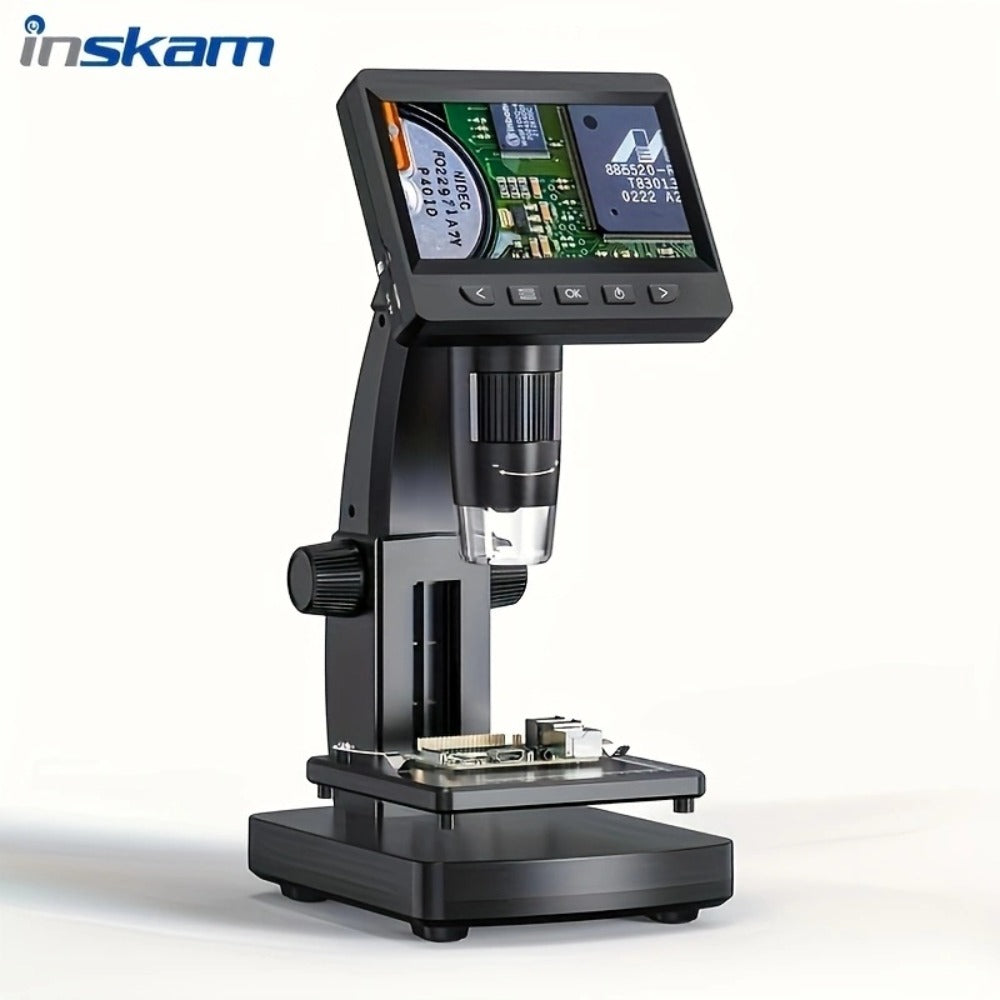4.3-Inch Digital Microscope in Black or White with Eight LEDs and Compact Stand for Coin and Circuit Board Inspection