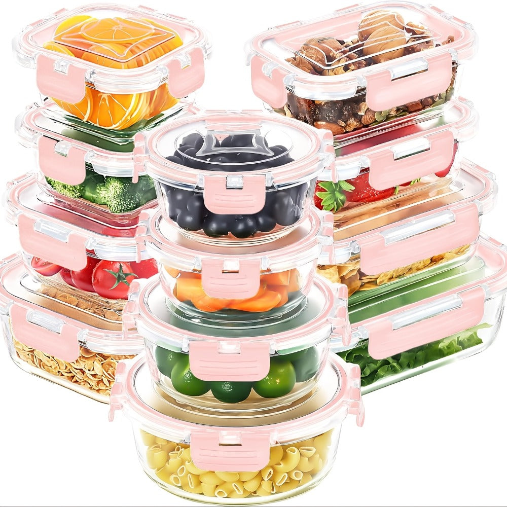 12-Piece Glass Food Container Set with Six Assorted Containers and Black- or Pink-Accent Clip Lids