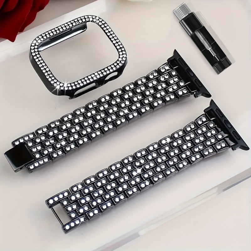 Rhinestone Diamond Bling Apple Watch Band for Women Girls – Five-Point Diamond Double-Row Crystal Strap Compatible with Apple Watch Ultra 2 Series 10 9 8 7 6 5 4 3 2 1 SE 38 40 41 42 44 45 49mm Gift