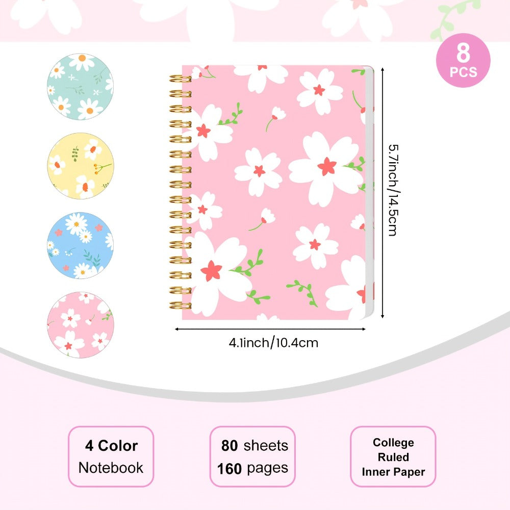 Eight-Pack A6 Floral Spiral Notebooks with Four Designs, Ruled Pages and Tear-Off Binding Pictured