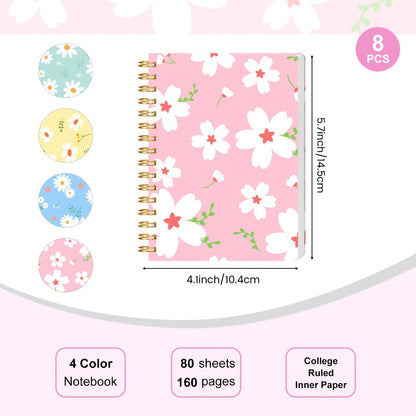 Eight-Pack A6 Floral Spiral Notebooks with Four Designs, Ruled Pages and Tear-Off Binding Pictured