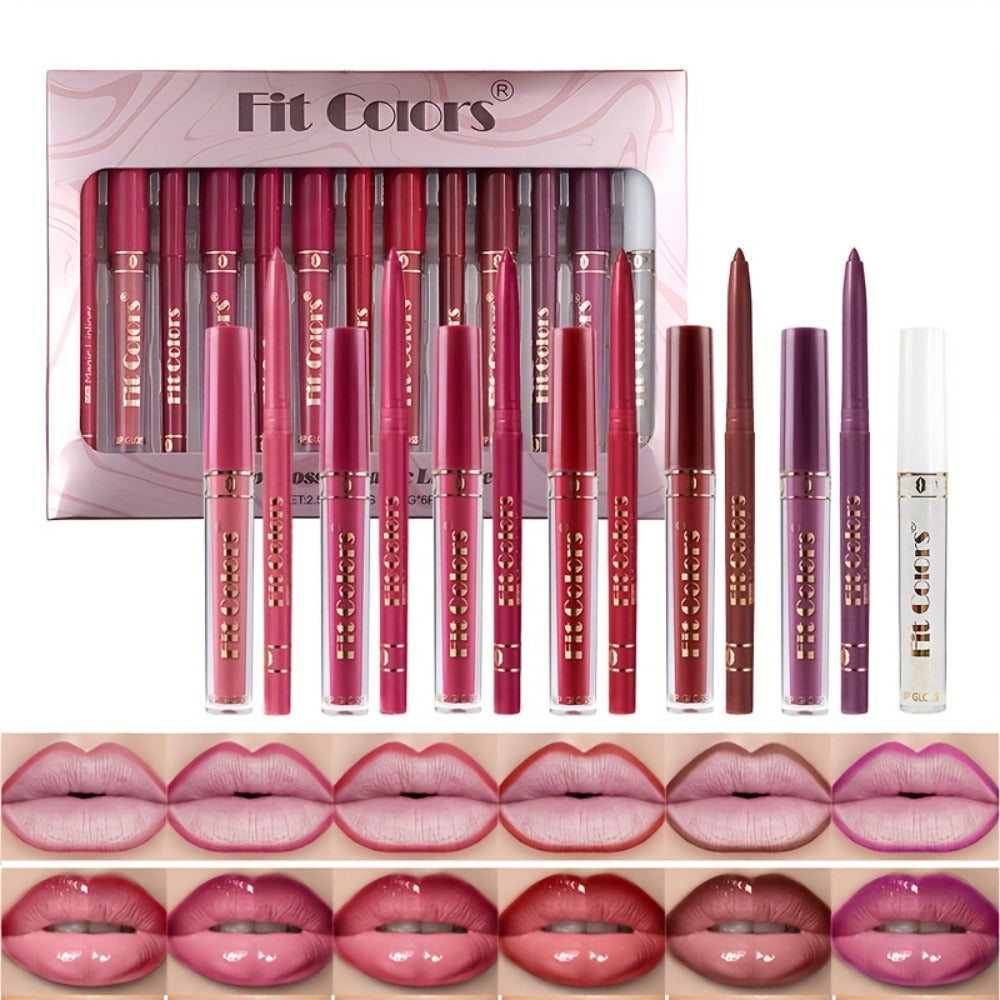 Lip Liner and Lip Gloss Kit 13 Piece Matte Non-Stick Waterproof Pigmented Long-Lasting Moisturizing Lip Glaze Combo Set for Defined Glossy Lips Women Girls