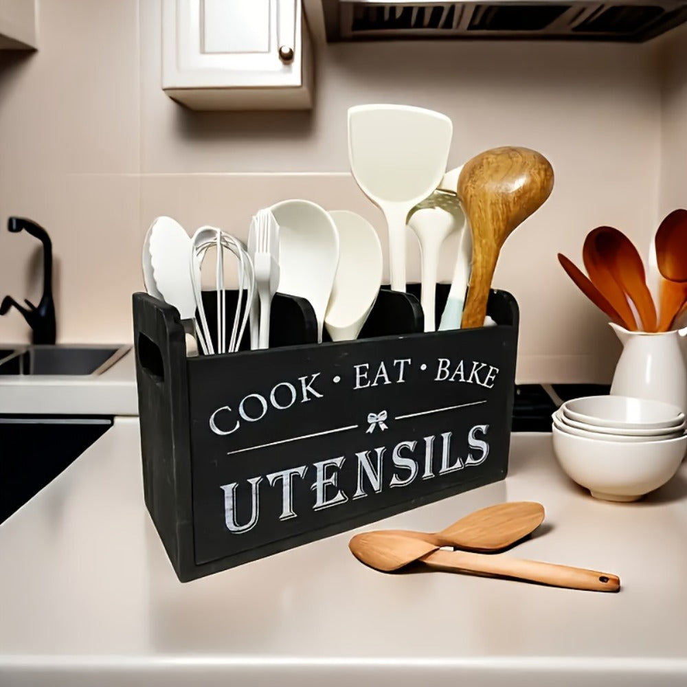 Wooden Kitchen Utensil Holder 3 Compartment Countertop Organizer, Rustic Wood Kitchen Tool Storage Box Wall Mounted or Countertop, Country Style Kitchen Accessories for Cook Bake Eat Tools