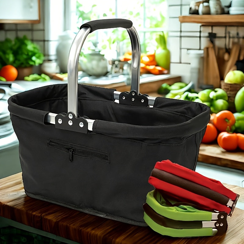 Foldable Insulated Picnic Tote Basket with Oxford Cloth Body, Aluminum Frame and Zippered Pocket
