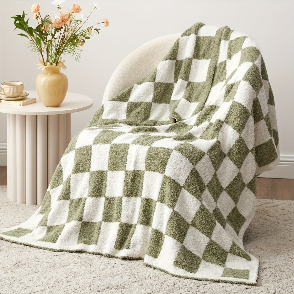 Jacquard Knit Checkered Blanket – Soft Cozy Fluffy Plaid Throw for Couch, Bed & Sofa, All Seasons, 4 Colors, Throw to King Size