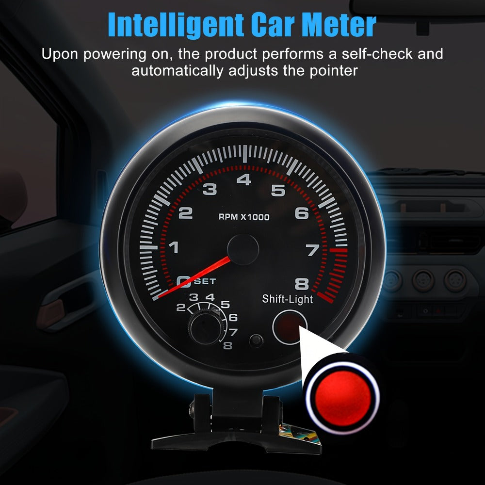 Car Tachometer Gauge 12V 0-8000 RPM 3.75 Inch - LED Shift Light, ABS Black Dial for 4 6 8 Cylinder Petrol Engines, Universal Fit with Accessories Kit