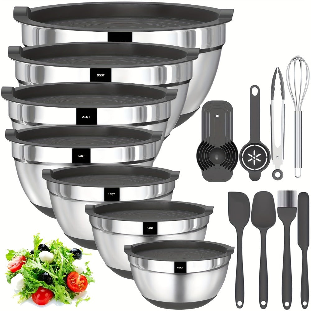 Seven-Bowl Nesting Mixing Set with Lids, Kitchen Tools and Multicolored, Black, Gray or Khaki Options