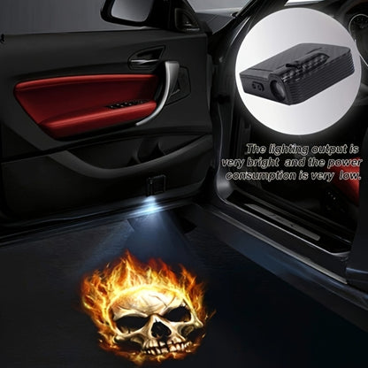 Car Door LED Projector Welcome Light 4-Pack – Flame Skull Ghost Shadow Puddle Lights for Cars & Bikes | Battery Powered | Easy Install Car Decorative Lights
