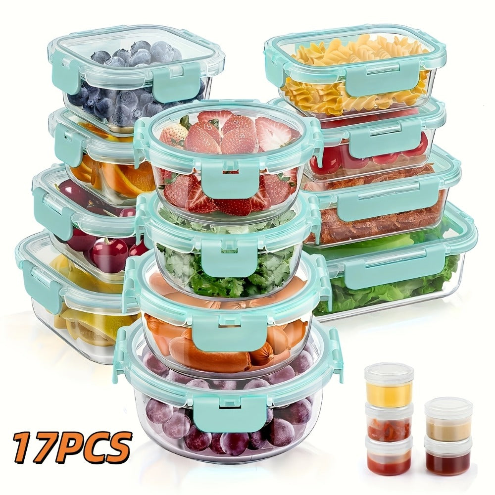 Food Storage Containers Borosilicate Glass Set with Locking Lids in 10-, 12- or 17-Piece Color Options