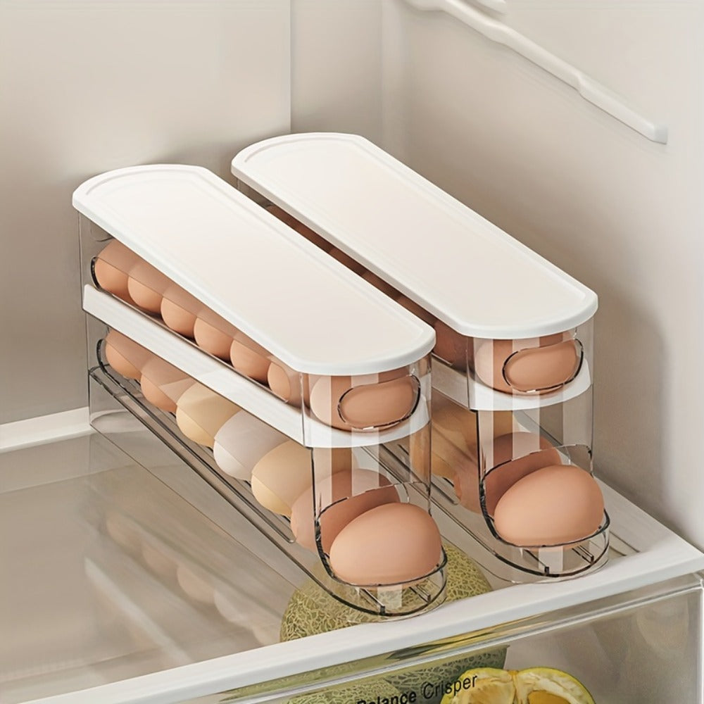 White Double-Layer Rolling Egg Dispenser with 38.2 cm Length for Refrigerator Shelf Storage